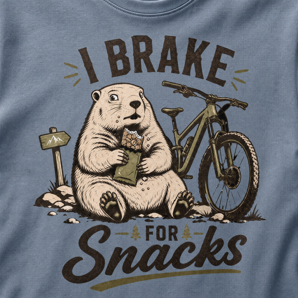 Blue jean colored t-shirt with a marmot graphic and text 'I Brake for Snacks'.