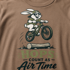 Espresso brown t-shirt with a graphic of a rabbit riding a bike and text 'HOPS COUNT AS AIR TIME'.