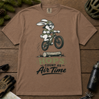 Espresso brown t-shirt with a graphic of a rabbit riding a bike and text 'HOPS COUNT AS AIR TIME'.