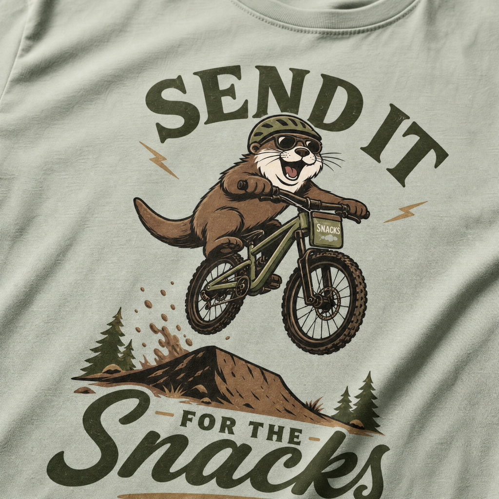 Bay green t-shirt with an otter riding a bike graphic and text 'Send it for the snacks'.