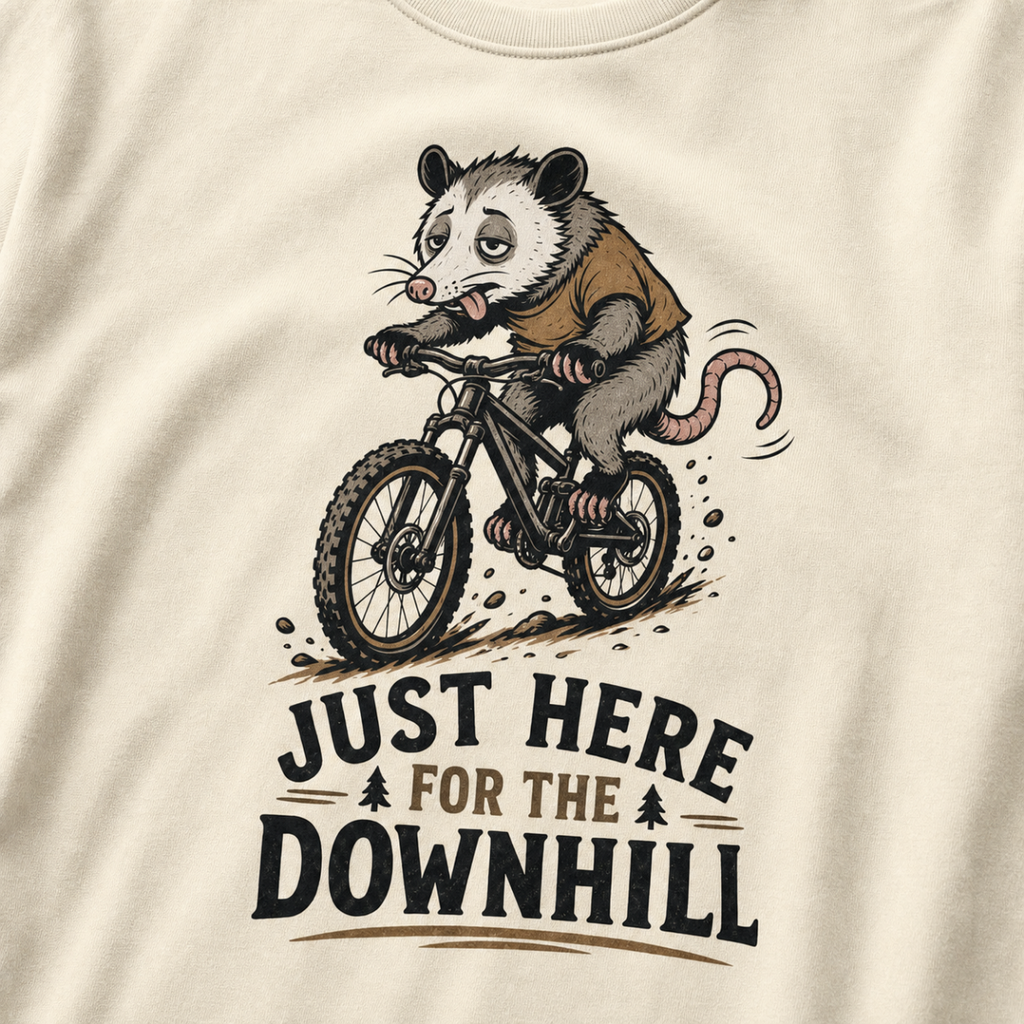 Ivory white t-shirt with an opossum riding a bike graphic and text 'Just Here for the Downhill'.