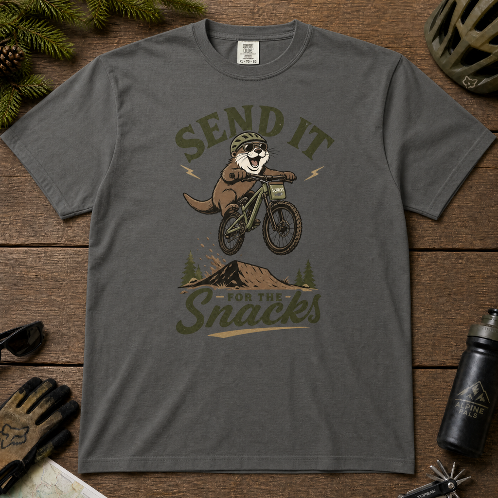 Pepper gray t-shirt with a graphic of a beaver on a bike and text 'Send it for the snacks'.