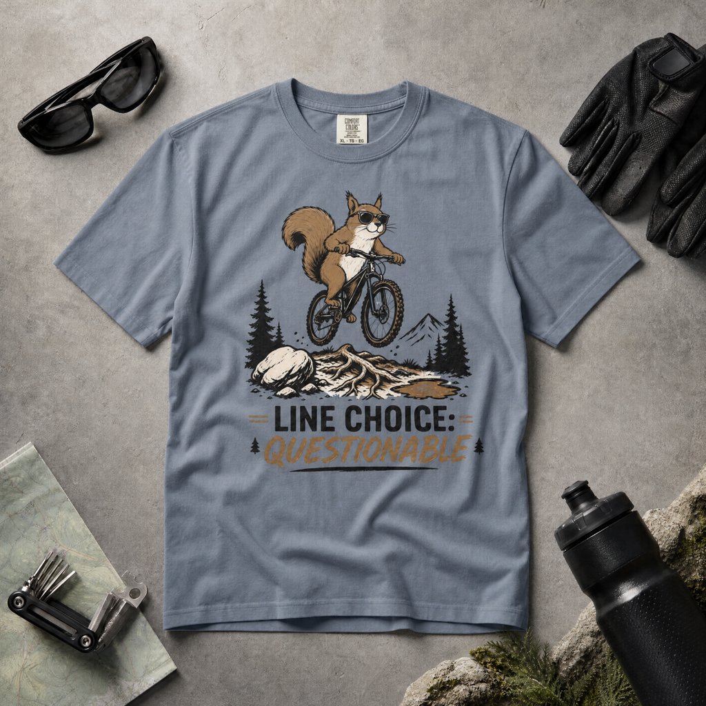 Blue jean t-shirt with a graphic of a squirrel on a bike and text 'Line Choice: Questionable'.