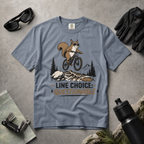 Blue jean t-shirt with a graphic of a squirrel on a bike and text 'Line Choice: Questionable'.