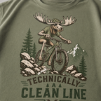 Moss green t-shirt with a moose riding a bike graphic and 'Technically a Clean Line' text.