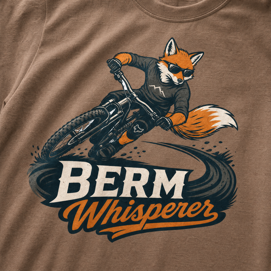 Espresso brown t-shirt with a graphic of a fox riding a bike and ' Berm Whisperer'.
