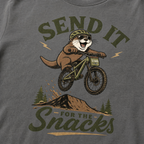 Pepper gray t-shirt with a graphic of a beaver on a bike and text 'Send it for the snacks'.