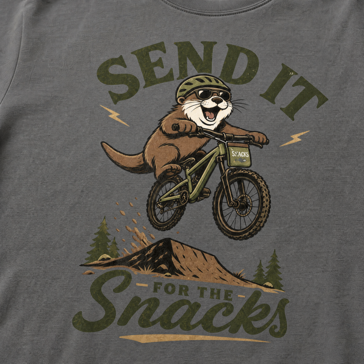 Pepper gray t-shirt with a graphic of a beaver on a bike and text 'Send it for the snacks'.