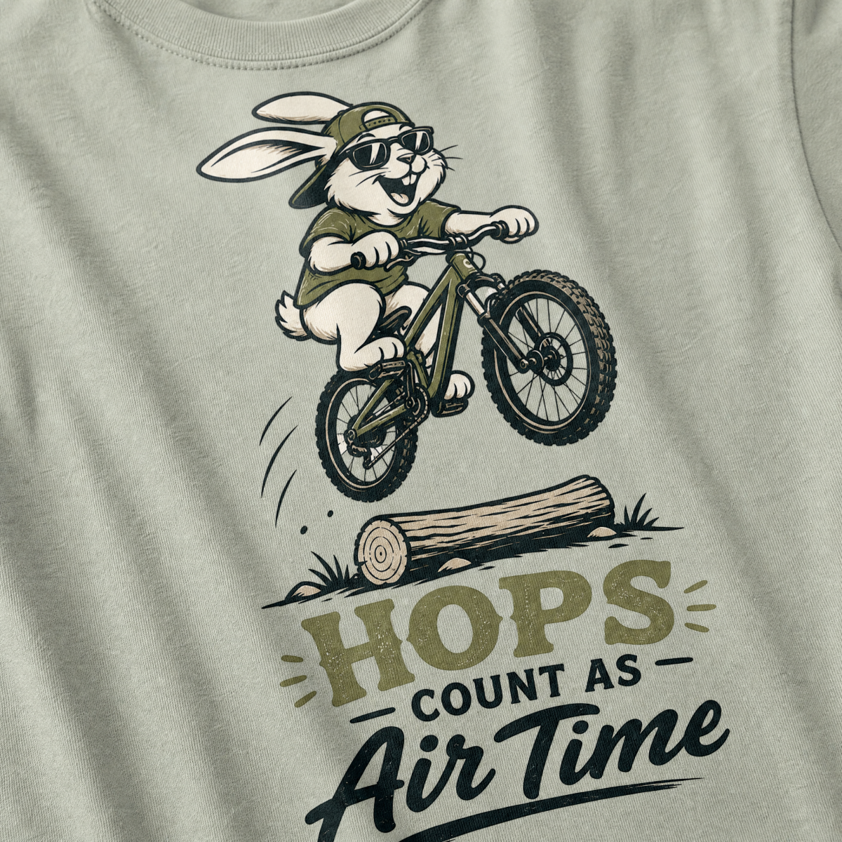 Bay green t-shirt with a graphic of a rabbit riding a bike and text 'HOPS COUNT AS AIR TIME'.