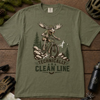 Moss green t-shirt with a moose riding a bike graphic and 'Technically a Clean Line' text.