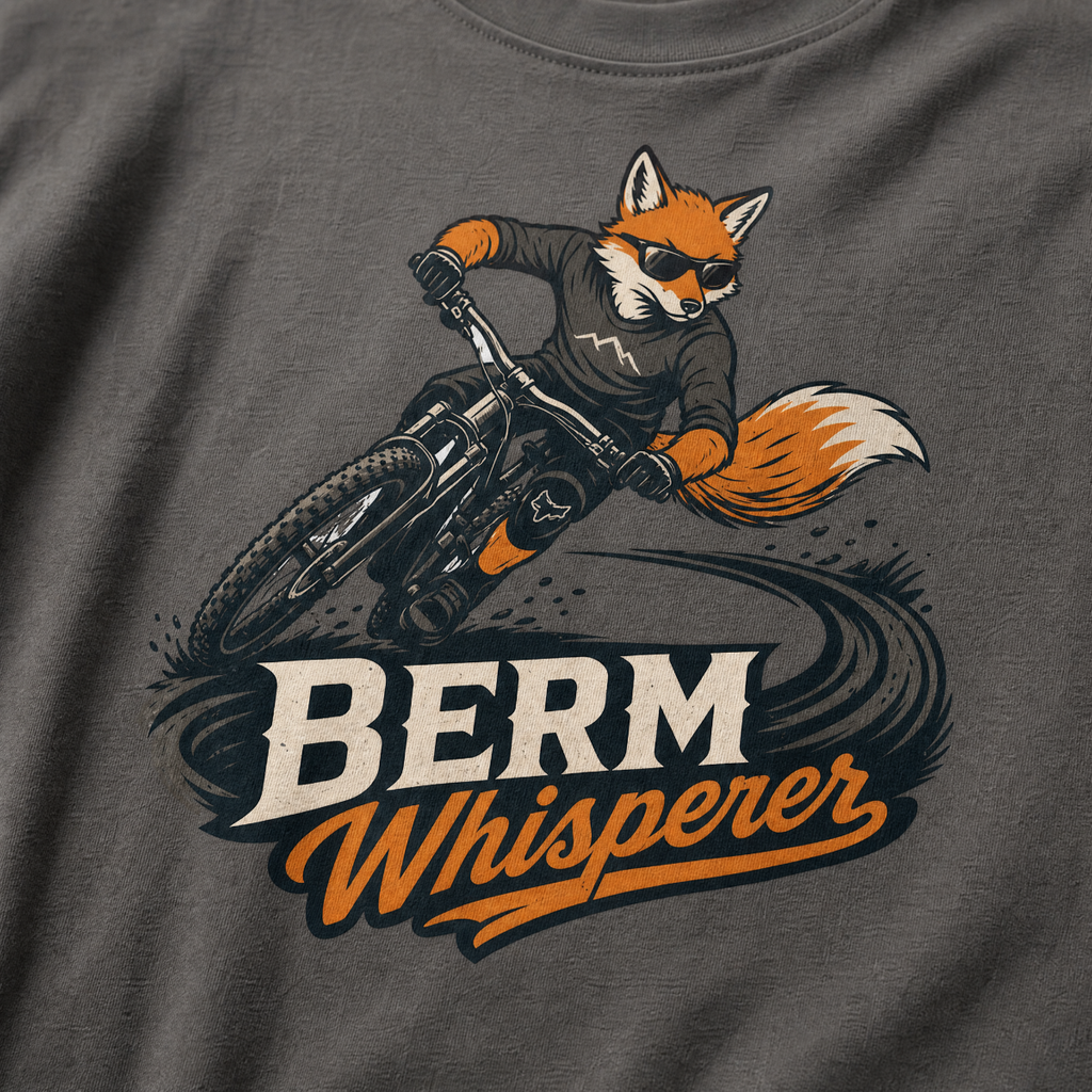 Pepper gray t-shirt with a graphic of a fox riding a bike and ' Berm Whisperer'.
