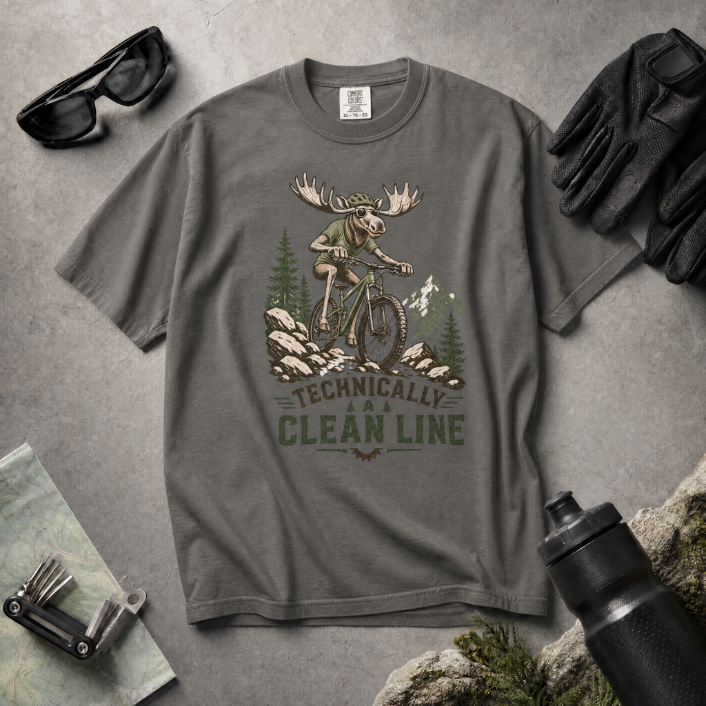 Pepper gray t-shirt with a moose riding a bike graphic and 'Technically Clean Line' text on a light gray background.