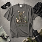 Pepper gray t-shirt with a moose riding a bike graphic and 'Technically Clean Line' text on a light gray background.
