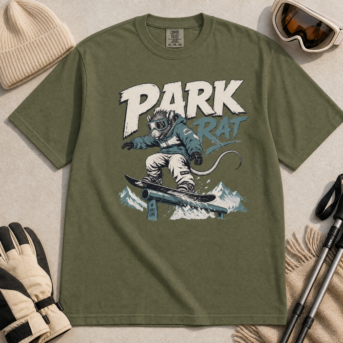 Hemp green t-shirt with graphic of a rat snowboarding and 'Park Rat' text.