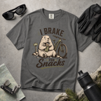 Pepper gray t-shirt with 'I Brake For Snacks' text and a marmot eating a bar with a mountain bike on the side.