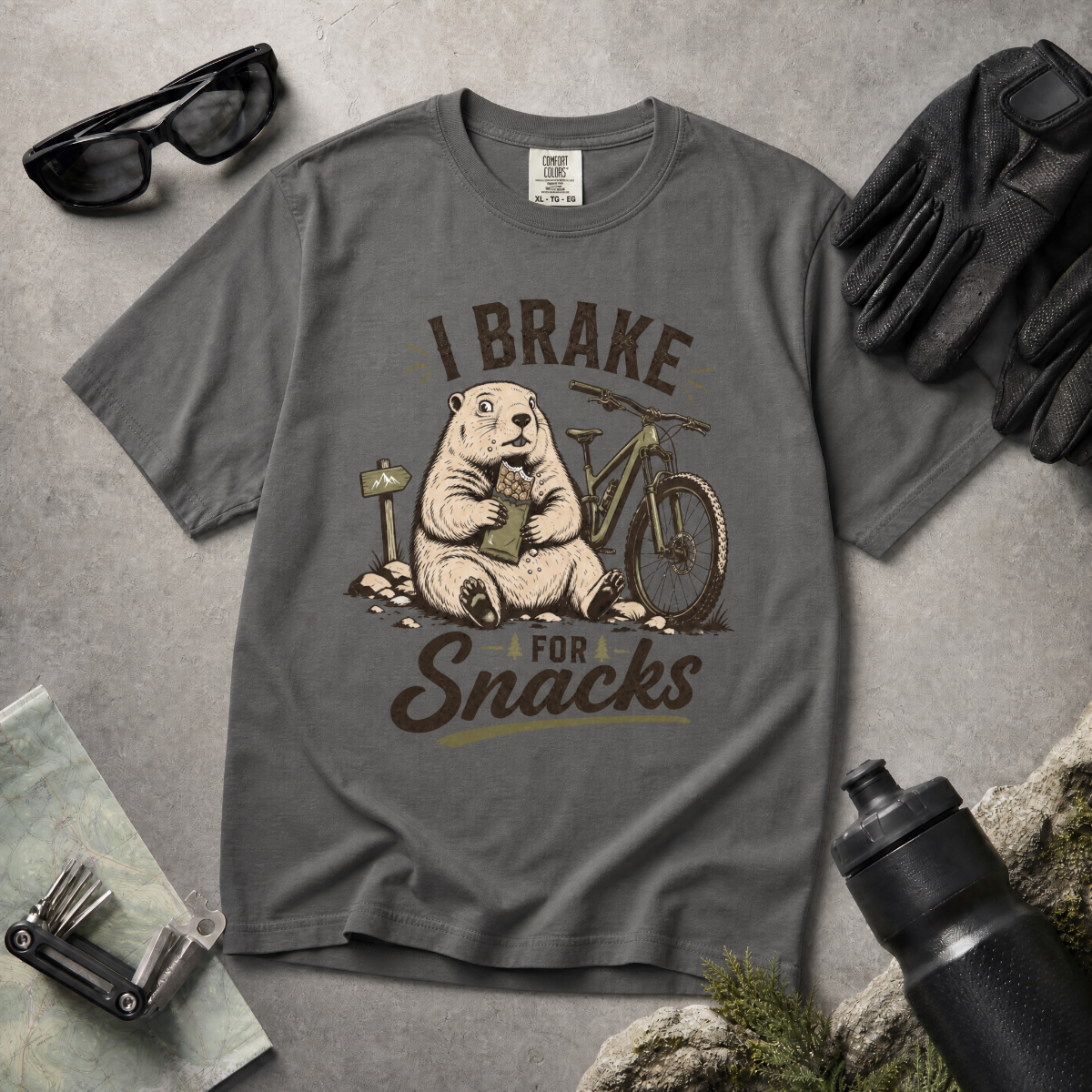 Pepper gray t-shirt with 'I Brake For Snacks' text and a marmot eating a bar with a mountain bike on the side.