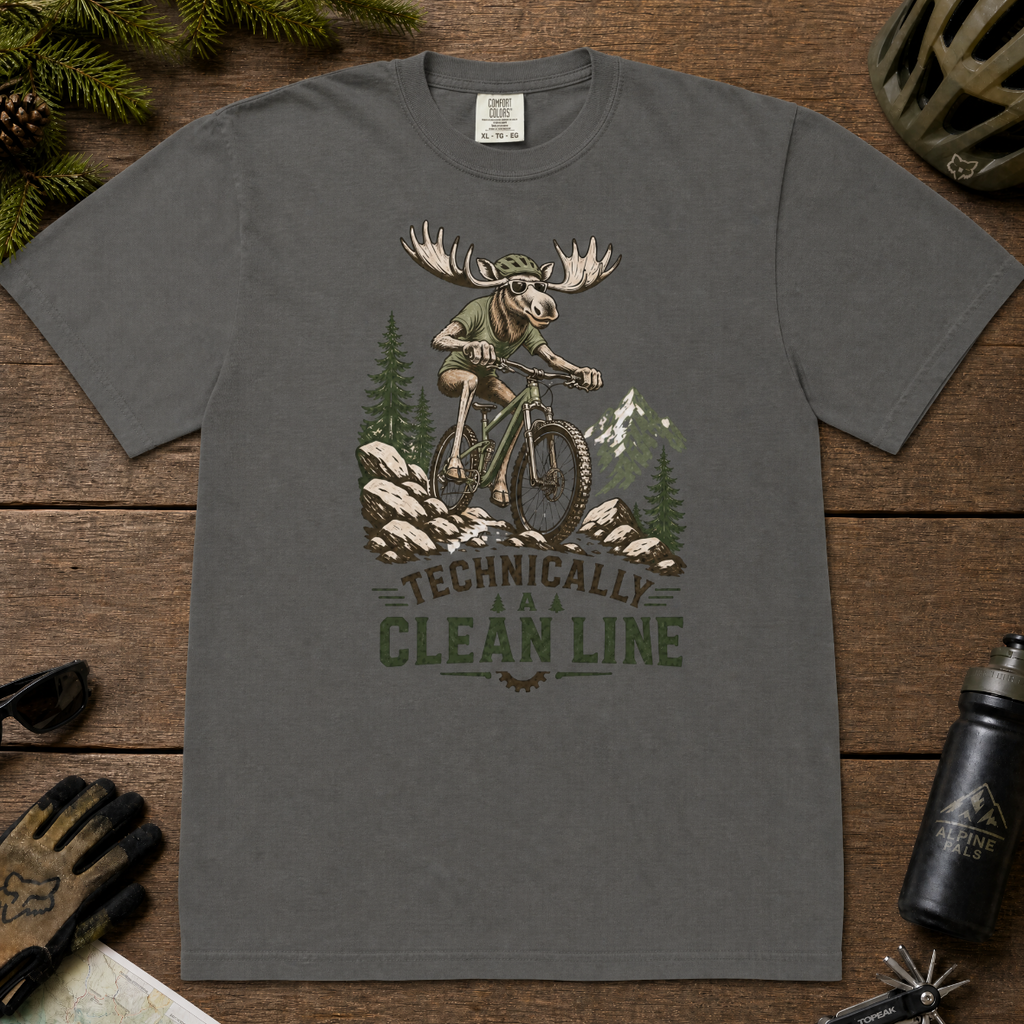 Pepper gray t-shirt with a moose riding a bike graphic and 'Technically Clean Line' text.