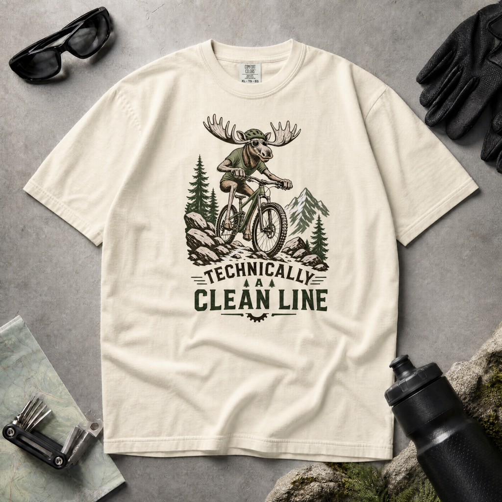 Ivory white t-shirt with a graphic of a moose riding a bike and text 'Technically A Clean Line'.