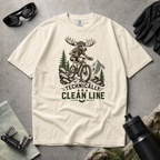 Ivory white t-shirt with a graphic of a moose riding a bike and text 'Technically A Clean Line'.