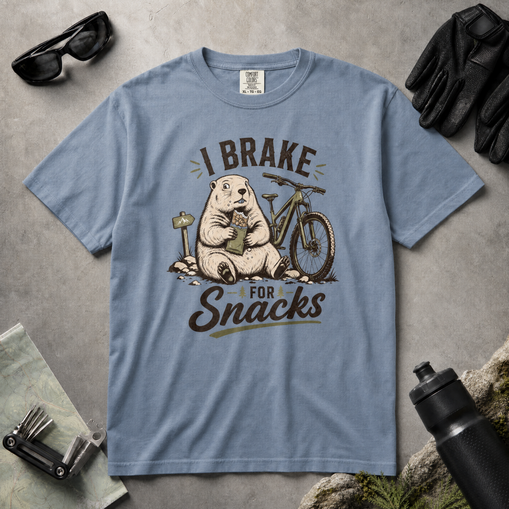 Blue jean colored t-shirt with 'I Brake For Snacks' text and a marmot eating a bar with a mountain bike on the side.
