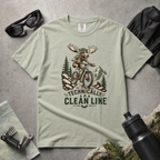 Bay green t-shirt with a graphic of a moose riding a bike and mountains, featuring the text 'Technically A Clean Line' on a light gray background.