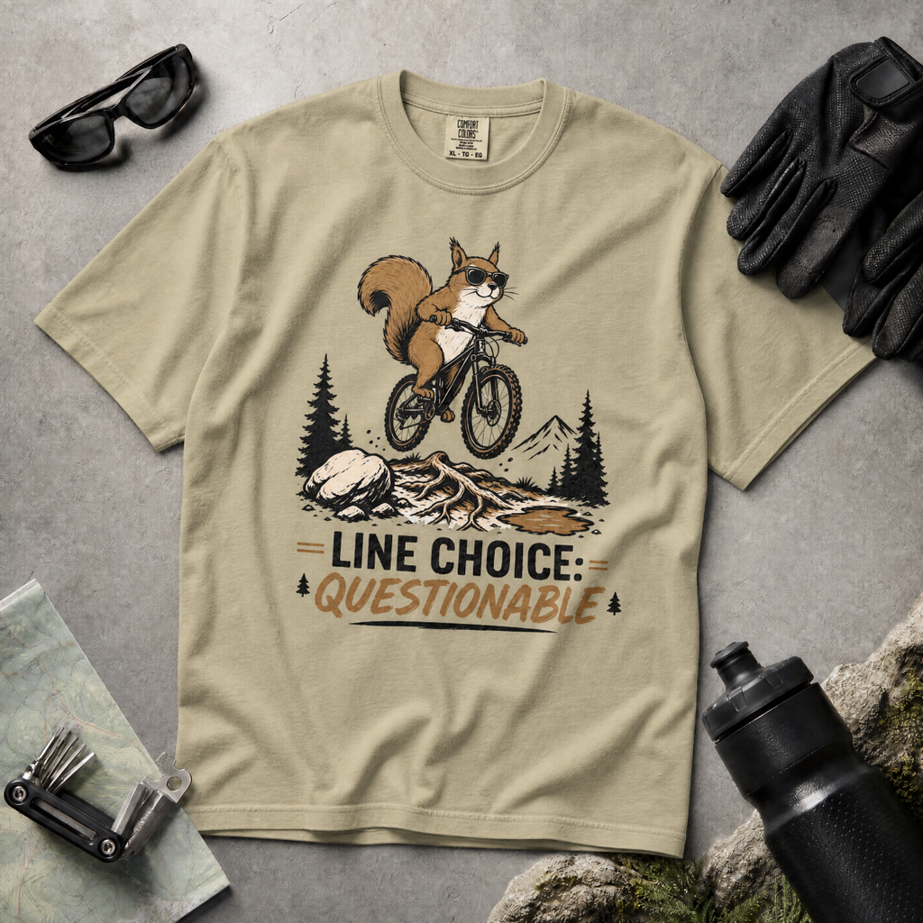 Khaki colored t-shirt with a graphic of a squirrel on a bike and text 'Line Choice: Questionable'.