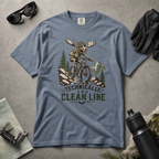 Blue jean colored t-shirt with a graphic of a moose riding a bike and text 'Technically A Clean Line' on a light gray background.