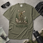 Moss green t-shirt with a moose riding a bike graphic and 'Technically a Clean Line' text on a light gray background.