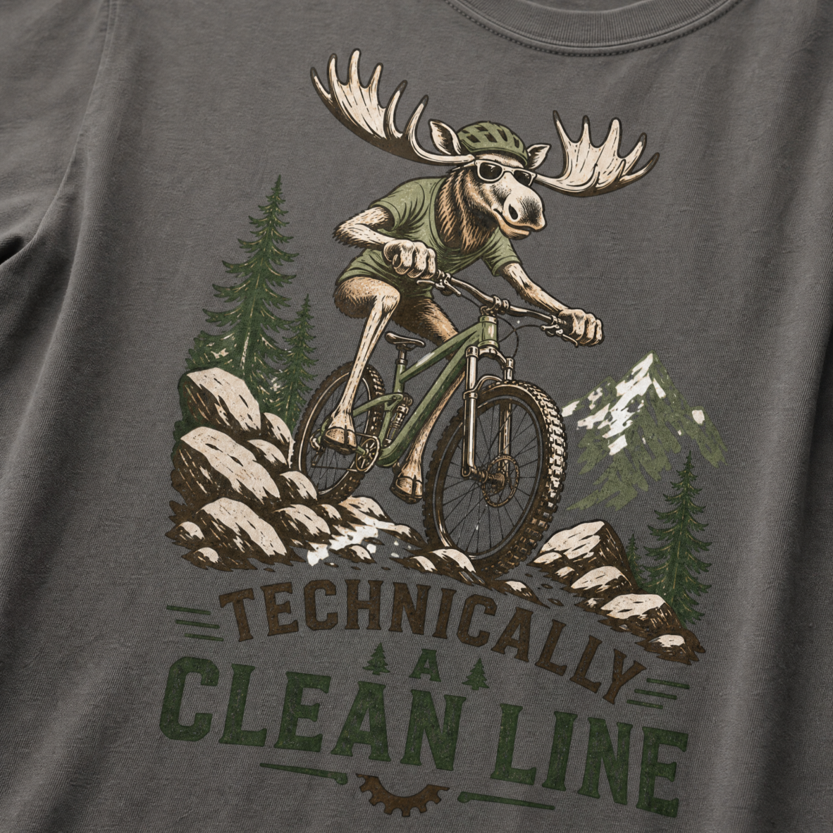 Pepper gray t-shirt with a moose riding a bike graphic and 'Technically Clean Line' text.