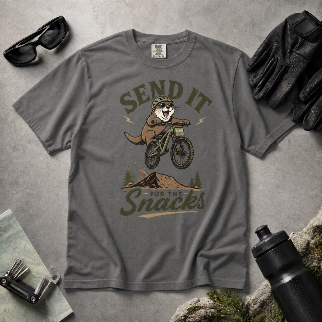 Pepper gray t-shirt with a graphic of a beaver on a bike and text 'Send it for the snacks'.