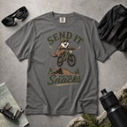 Pepper gray t-shirt with a graphic of a beaver on a bike and text 'Send it for the snacks'.