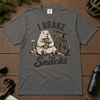 Pepper gray t-shirt with a marmot graphic and text 'I Brake for Snacks'.
