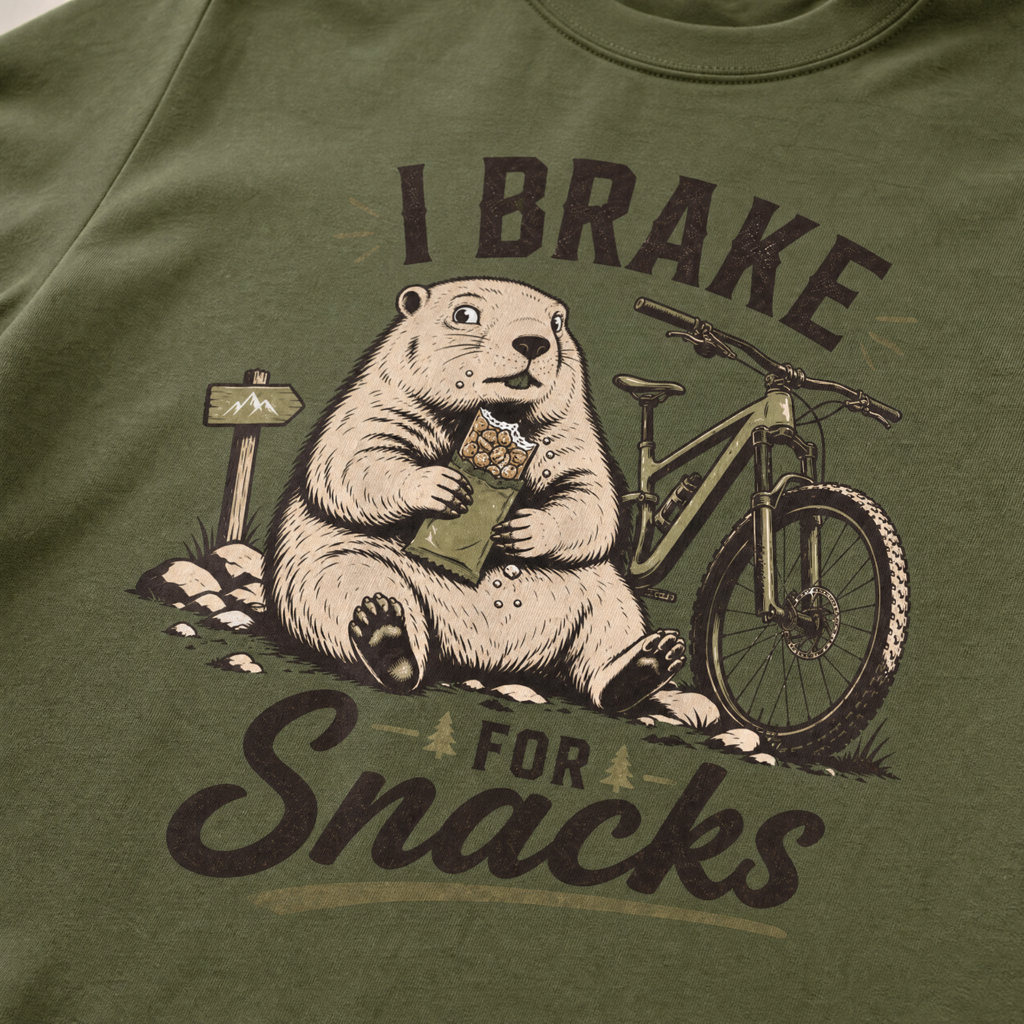 Hemp green t-shirt with 'I Brake For Snacks' text and a marmot eating a bar with a mountain bike on the side.