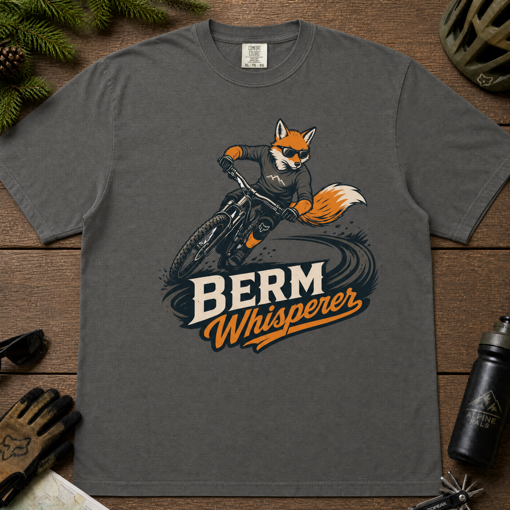 Pepper gray t-shirt with a graphic of a fox riding a bike and ' Berm Whisperer'.