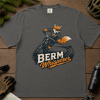 Pepper gray t-shirt with a graphic of a fox riding a bike and ' Berm Whisperer'.