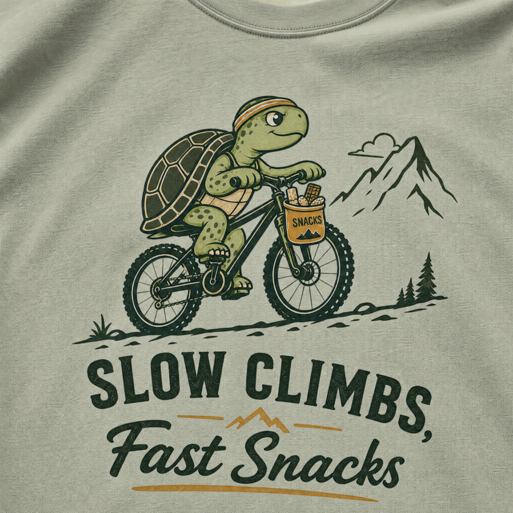 Bay green t-shirt with a graphic of a turtle riding a bike and text 'Slow Climbs, Fast Snacks'.