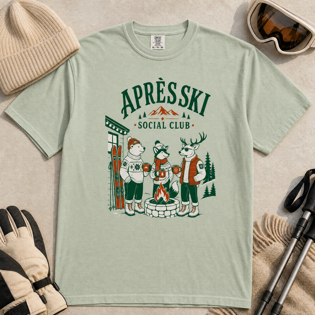 Bay green t-shirt with 'Apres Ski Social Club' graphic.