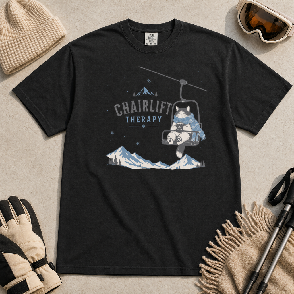 Black t-shirt with 'Chairlift Therapy' graphic design.