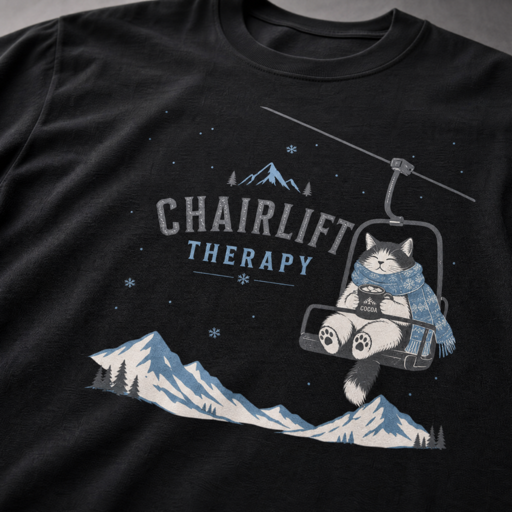 Black t-shirt with 'Chairlift Therapy' graphic design.