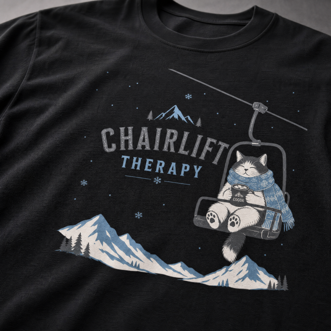 Black t-shirt with 'Chairlift Therapy' graphic design.