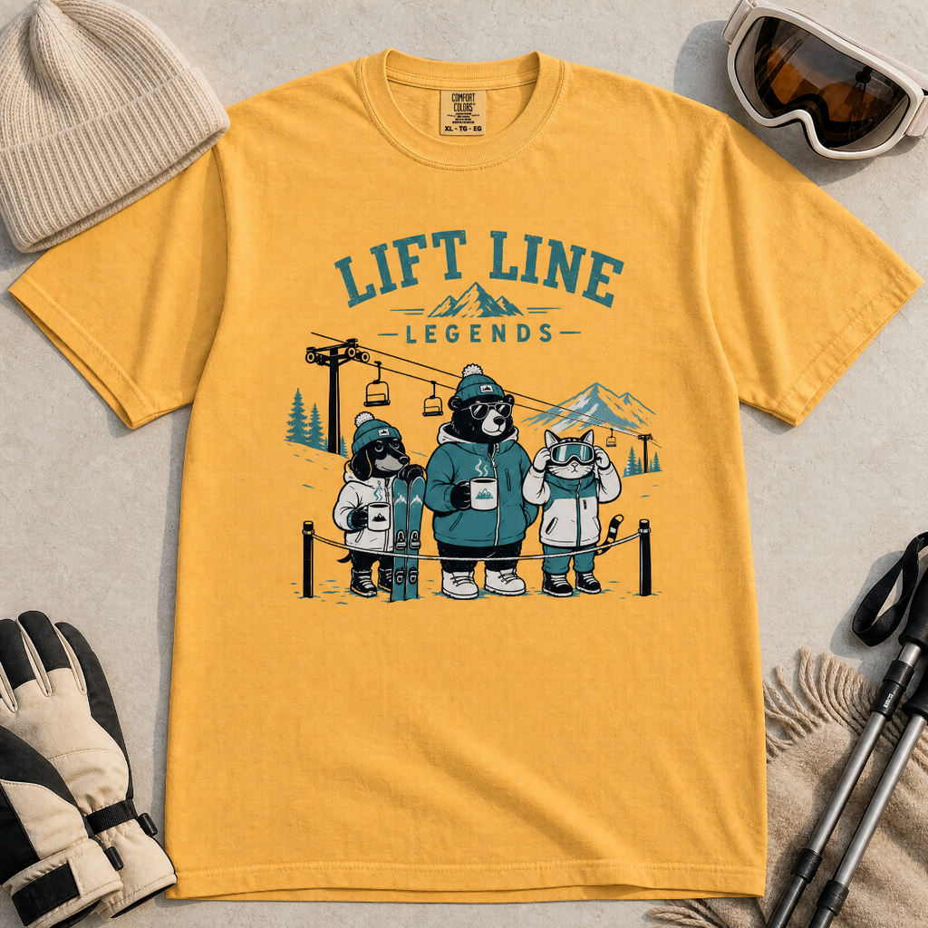Mustard yellow t-shirt with 'Lift Line Legends' graphic design featuring a bear, cat, dog, and a ski lift.
