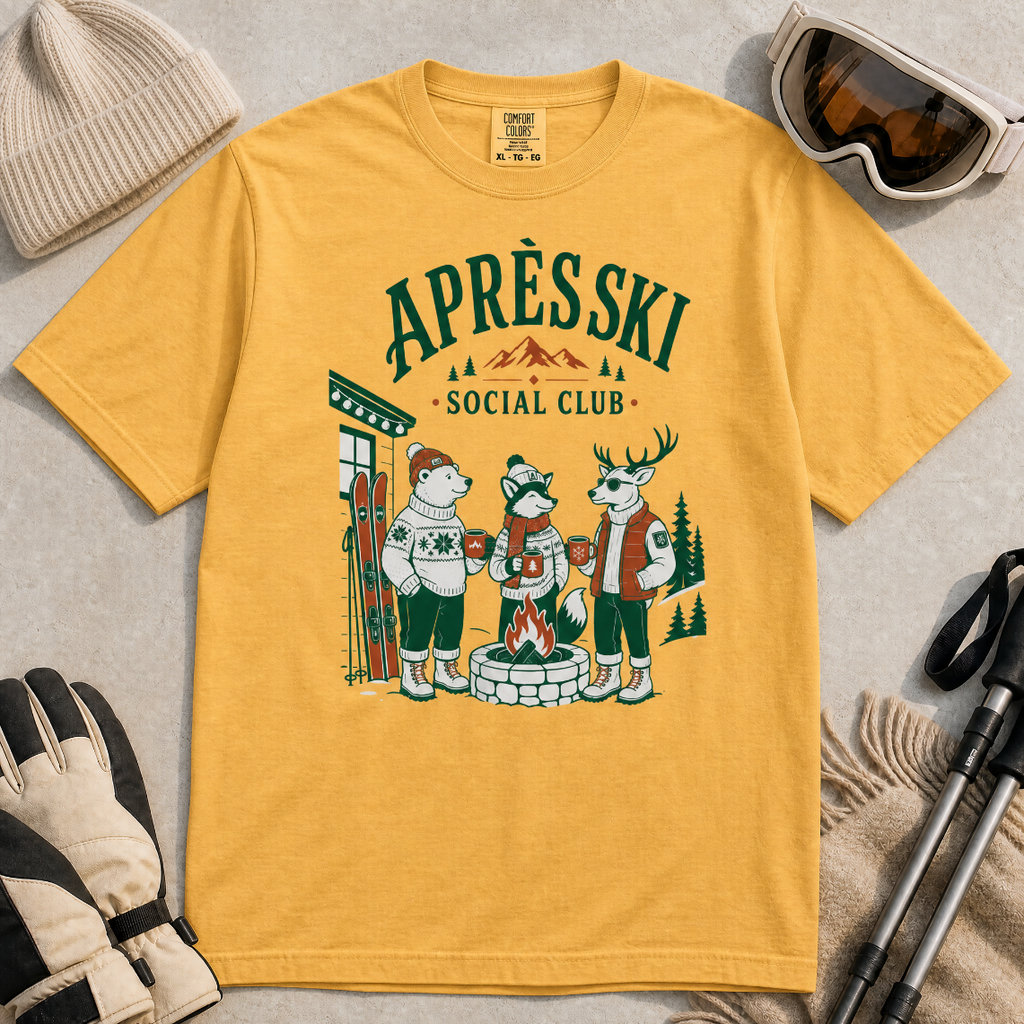 Mustard yellow t-shirt with 'Apres Ski Social Club' graphic.