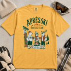 Mustard yellow t-shirt with 'Apres Ski Social Club' graphic.
