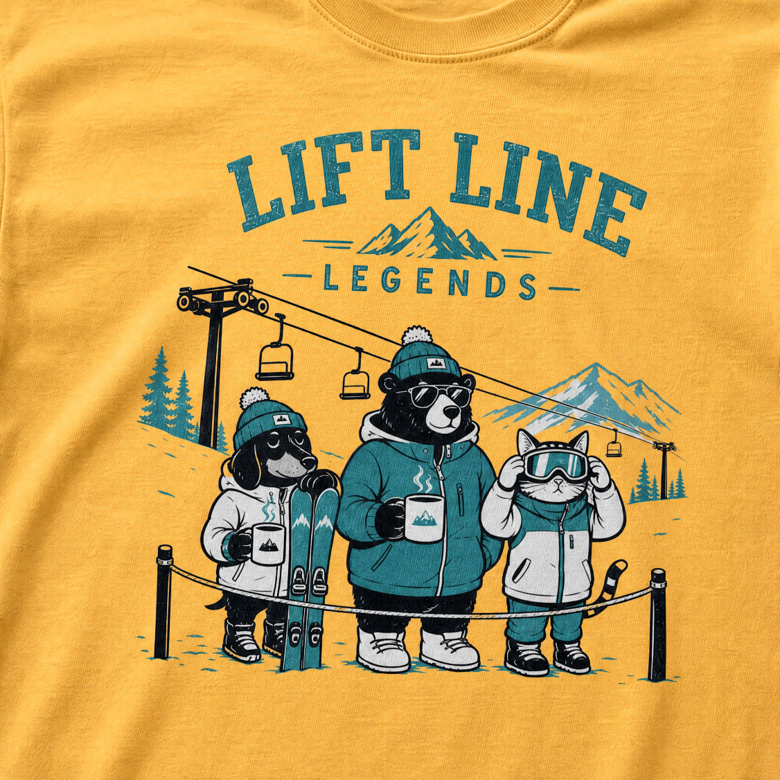 Mustard yellow t-shirt with 'Lift Line Legends' graphic design featuring a bear, cat, , dog, and a ski lift.