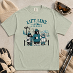 Bay green t-shirt with 'Lift Line Legends' graphic design featuring a bear, cat, dog, and a ski lift.