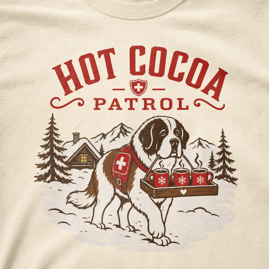 Ivory white t-shirt with a graphic of a dog and 'Hot Cocoa Patrol' text.