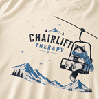 Ivory white t-shirt with 'Chairlift Therapy' graphic design.
