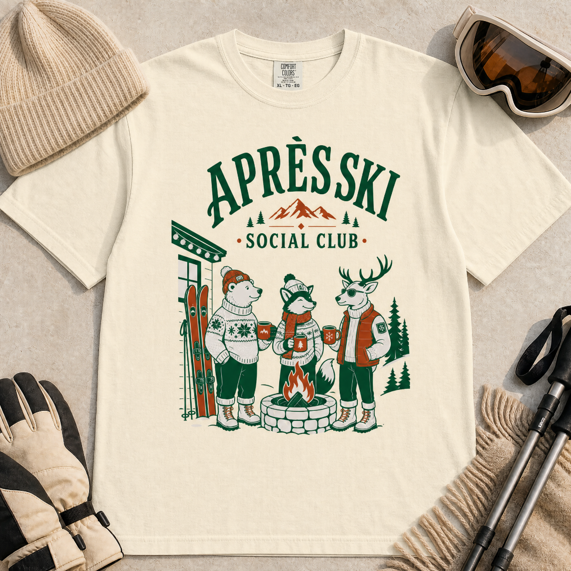 Ivory white t-shirt with 'Apres Ski Social Club' graphic.