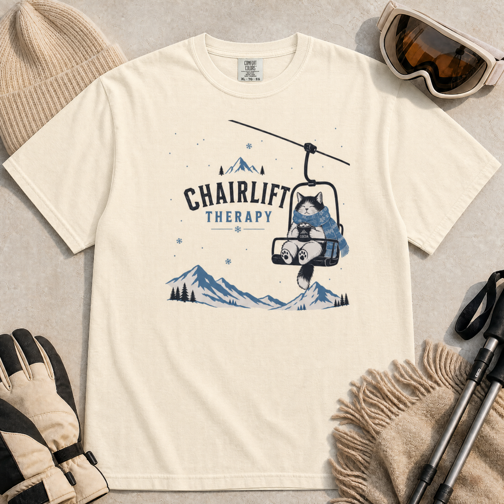 Ivory white t-shirt with 'Chairlift Therapy' graphic design.