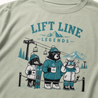 Bay green t-shirt with 'Lift Line Legends' graphic design featuring a bear, cat, , dog, and a ski lift.